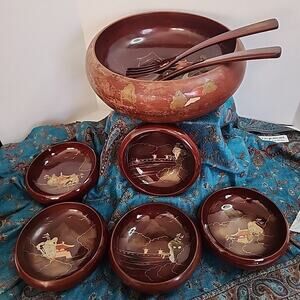 VTG LARGE LACQUER WOOD 8 PC JAPANESE HAND PAINTED Inlaid Mother Of Pearl Gold